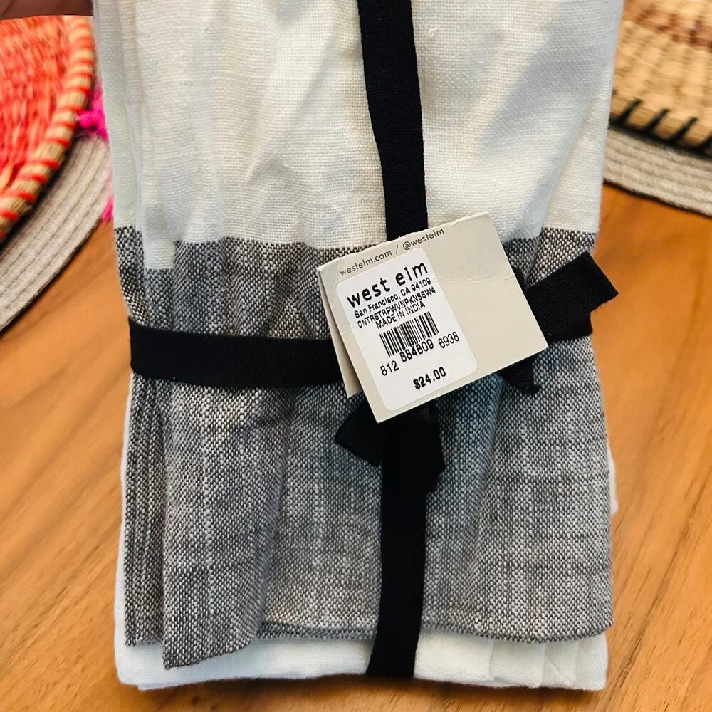 NWT! WEST ELM CENTER STRIPE WHITE GRAY NAPKINS 100% COTTON